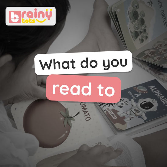BrainyTots Baby's First Books Set video: a black-and-white cloth book with a wooden ring plus five board books – alphabet, numbers, colours, animals, fruits.