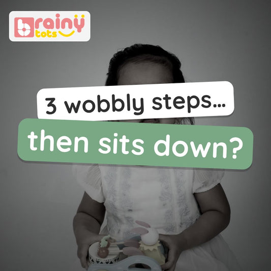 BrainyTots Bunny Drummer Pull Toy video: the wooden bunny drums with every step as a toddler walks and pulls it, building balance and coordination. Ages 1–3.