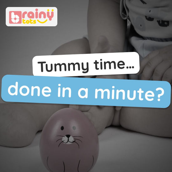 BrainyTots Balancing Wobbler video: the palm-sized wooden wobbler rocks and always comes back up, inviting a baby to lift their head and reach. Ages 2–12 months.