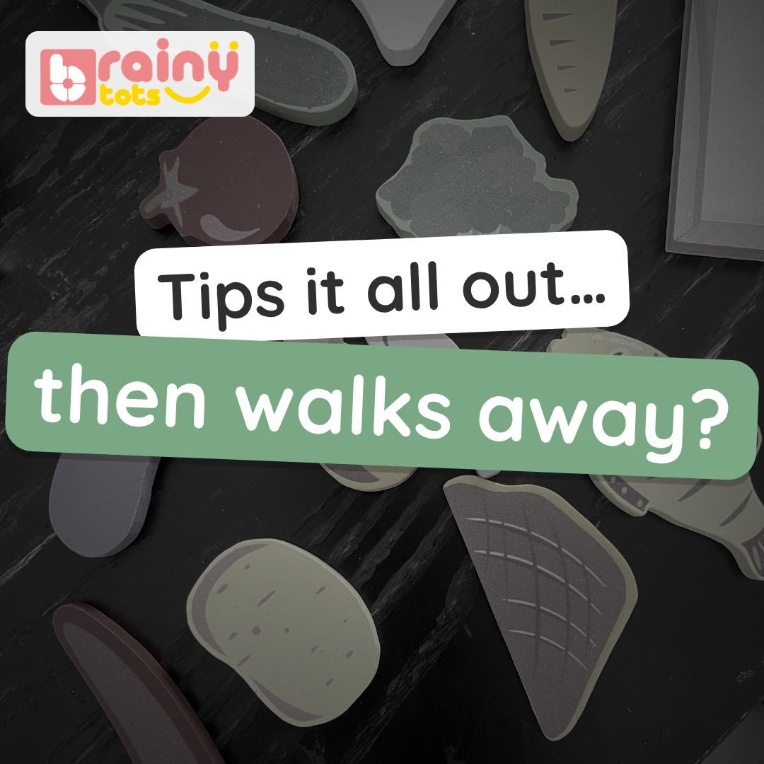 BrainyTots Square Tray Puzzle video: twelve chunky wooden foods tipped out, named and fitted back into the tray; also in sea animals and vehicles. Ages 1.5–4.