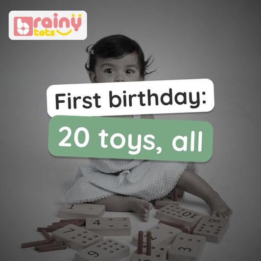 BrainyTots 1–1.5 Years Toy Box video: numbers peg board, four shapes puzzle, pincer puzzle, lacing clock, five animal board books and a parents' guidebook.