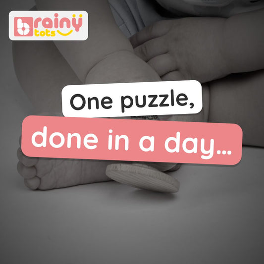 BrainyTots Shapes & Grasp Discovery Kit video: four wooden puzzles from easy to hard – egg and cup, four shapes, pincer cylinder and mirror circle puzzle. Ages 6–24 months.