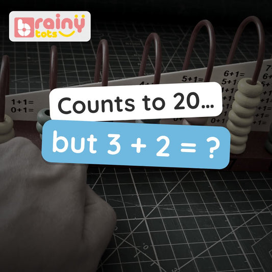 BrainyTots Wooden Counting Abacus video: sliding beads to count and add, then the printed addition board for first sums. Ages 3–6.