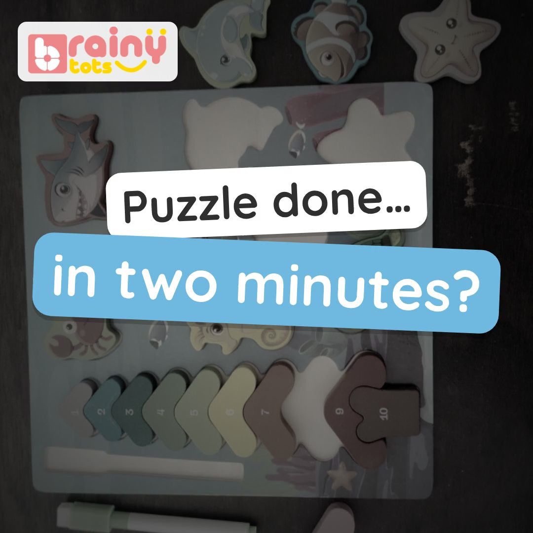 BrainyTots Wooden Sea Adventure Board video: eight sea animal pieces, numbers 1 to 10 to stack, and a flip side with letters and a wipe-clean whiteboard. Ages 2–5.