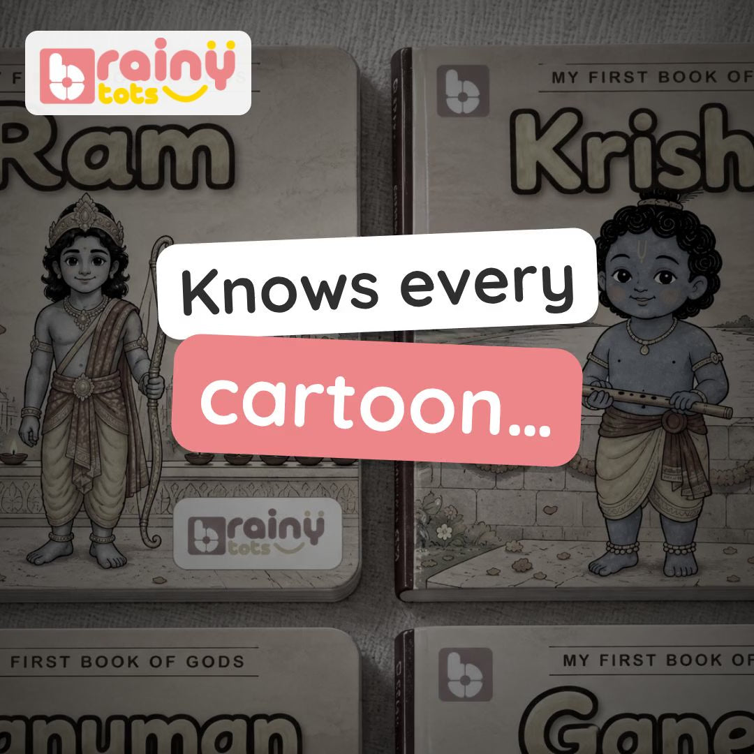 BrainyTots Mythology Stories board books video: four picture books on Ganesha, Rama, Krishna and Hanuman, with big bright pages and simple text. Ages 0–5.