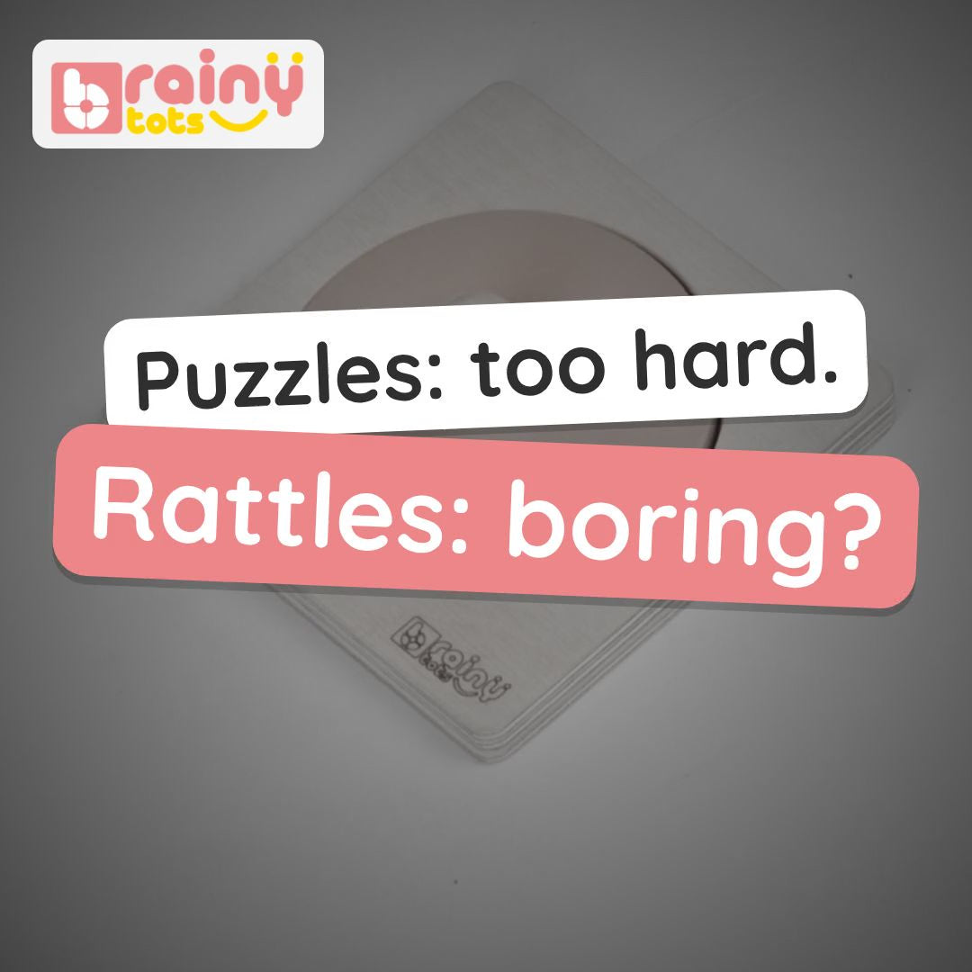 BrainyTots Wooden Circle Puzzle video: pinch the knob, lift the circle to find a mirror underneath, then turn it and fit it back in. Ages 9–24 months.