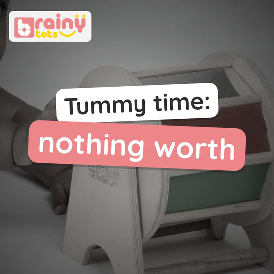 BrainyTots Baby Crawling Combo video: the rainbow spinning wheel for tummy time reaching and the neem drum rattle that rolls ahead to crawl after. Ages 3–12 months.
