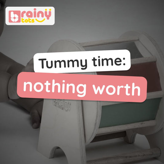 BrainyTots Baby Crawling Combo video: the rainbow spinning wheel for tummy time reaching and the neem drum rattle that rolls ahead to crawl after. Ages 3–12 months.