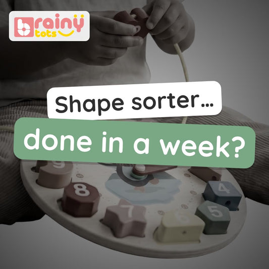 BrainyTots Shape Sorting & Lacing Clock video: twelve wooden shapes fitted into their slots, laced in order 1 to 12, and clock hands turned to tell time. Ages 2–4.