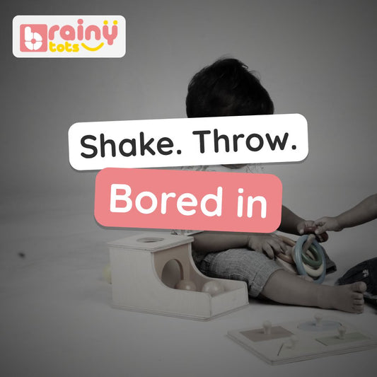 BrainyTots Baby Problem-Solving Kit video: dropping the ball, stacking rings and fitting shapes with the wooden Montessori toys in the kit. Ages 6–18 months.