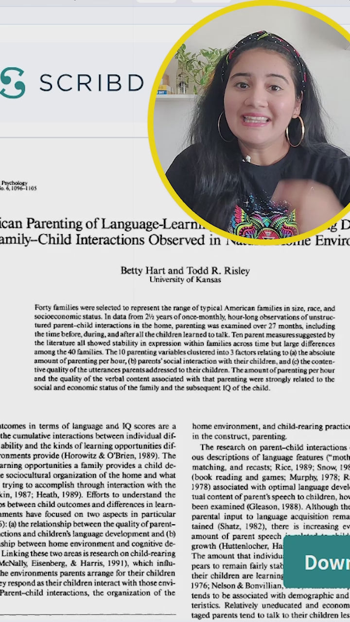 A video presenter discusses research on early language exposure and the 30 million word gap in child development, showing clips of a mother using flashcards with a toddler and children studying.