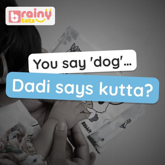 BrainyTots Language Development Kit video: cloth book, touch-and-feel book, English–Hindi flashcards and five board books, from first looks to first words. Ages 0–24 months.