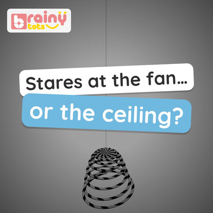 BrainyTots Spiral Hanging Mobile video: bold black-and-white birch wood rings that spin for new eyes to follow, flipping to a colour side at three months. Ages 0–6 months.