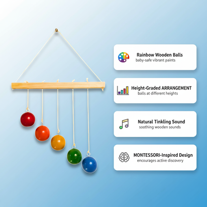 Colorful wooden balls hanging from a string with text on a blue background