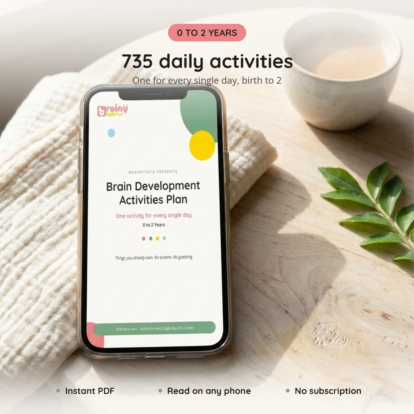 The 0 to 2 Years plan open on a phone, 735 daily activities