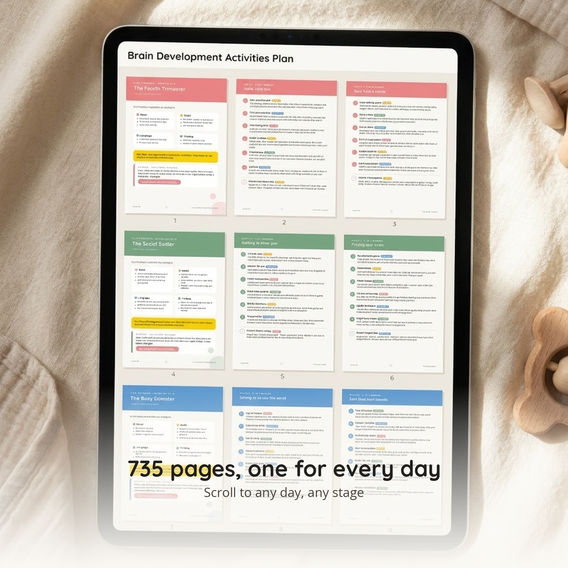 735 pages shown as a reader page grid on a tablet
