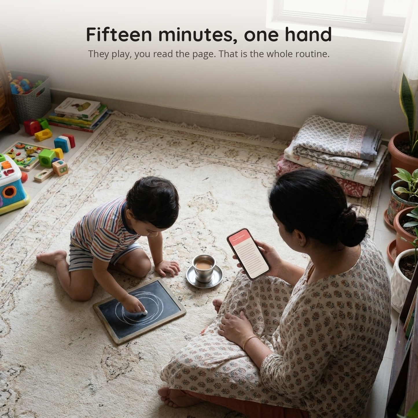 A mother reads the day's page while her child draws