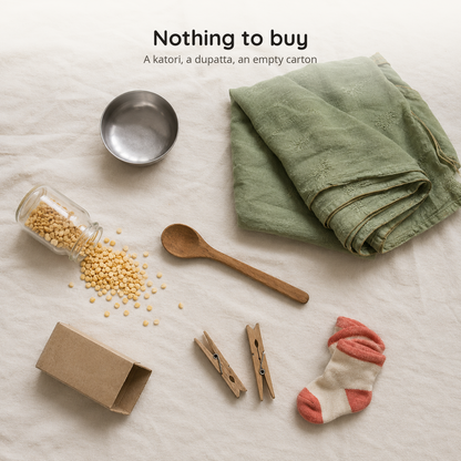 Household things the plan uses, a katori, a dupatta, a carton