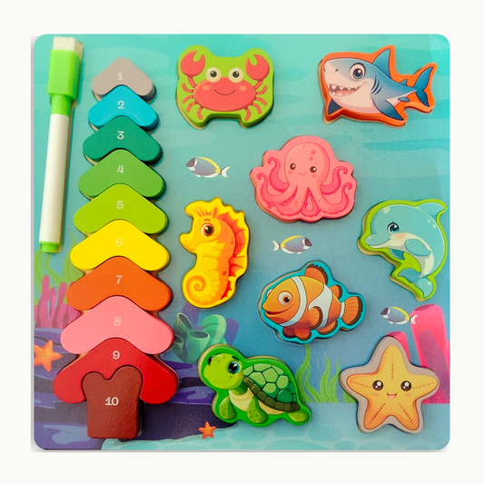 BrainyTots Wooden Sea Adventure Learning Board — full board with 8 sea animals, 1-10 number row and marker on white background