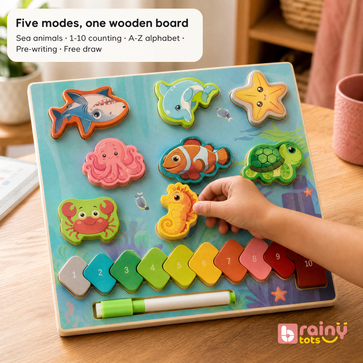 Reversible 5-in-1 board: sea-animal puzzle, 1-10 numbers, A-Z alphabet and pre-writing tracing whiteboard
