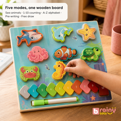 Reversible 5-in-1 board: sea-animal puzzle, 1-10 numbers, A-Z alphabet and pre-writing tracing whiteboard