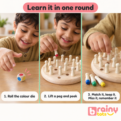 Colour Recall Memory Chess – Wooden Memory Chess Game for Kids 3+ Years | 24 Pegs, 6 Colours, 2-4 Players | Montessori-Inspired Memory & Focus Board Game