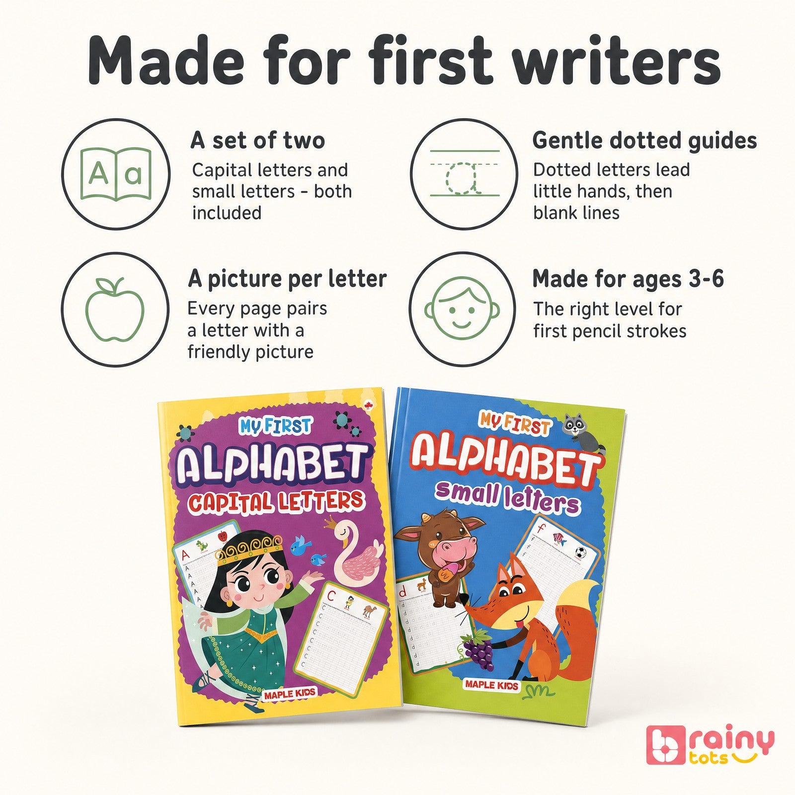What's inside the set — dotted letters to trace, picture cues and 4-line writing grids.