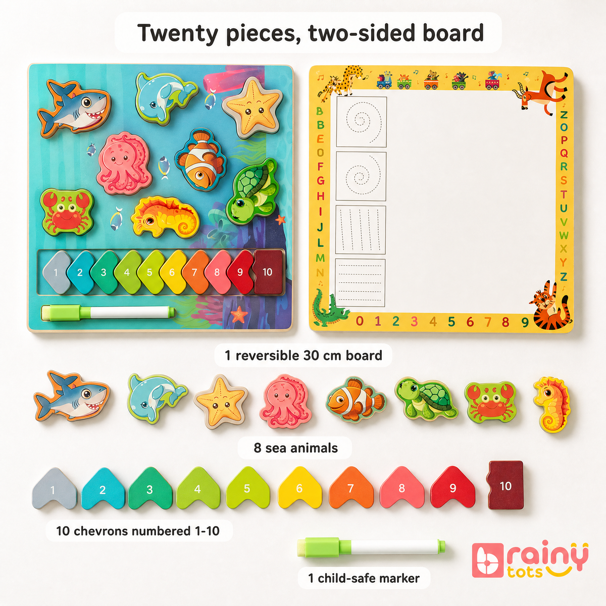 What's in the box: 1 reversible board, 8 sea animals, 10 numbered chevrons and 1 dry-erase marker