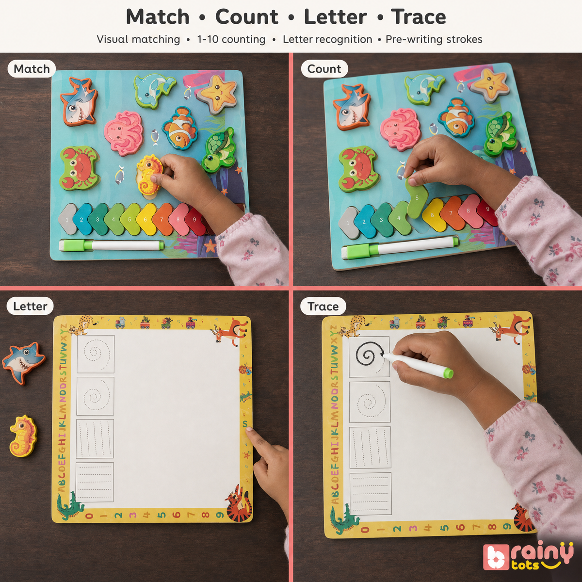 Four skills on one board: fine-motor, counting, letter recognition and pre-writing for ages 2-5