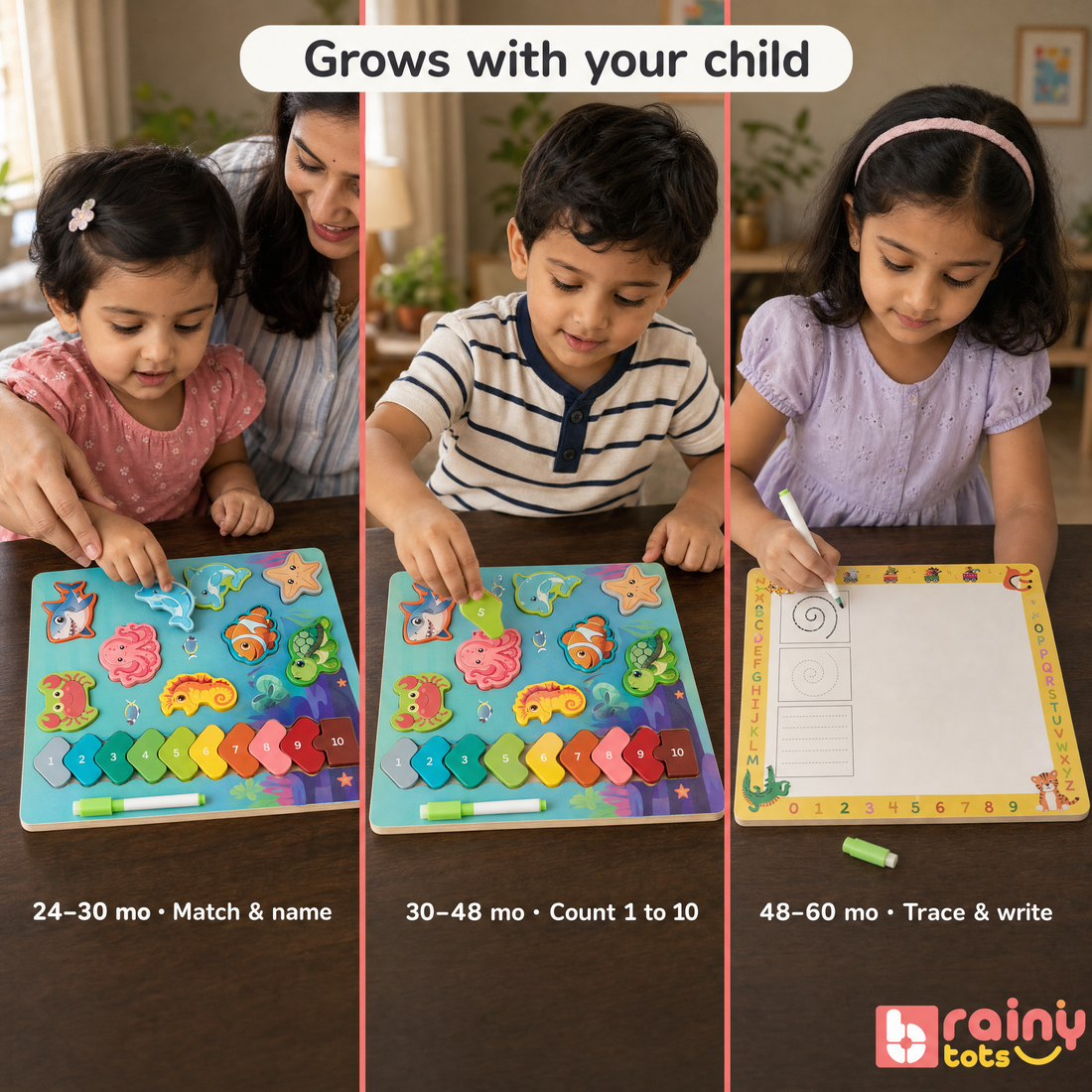 Grows with your child from sea-animal naming to 1-10 ordering to alphabet and pre-writing