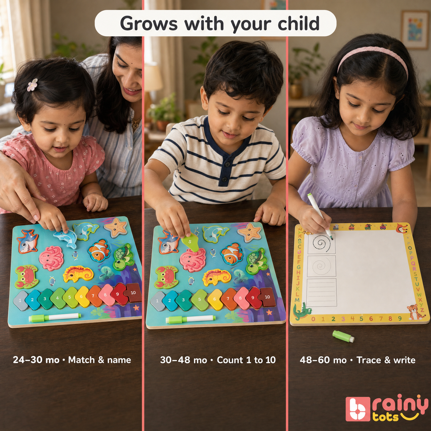 Grows with your child from sea-animal naming to 1-10 ordering to alphabet and pre-writing