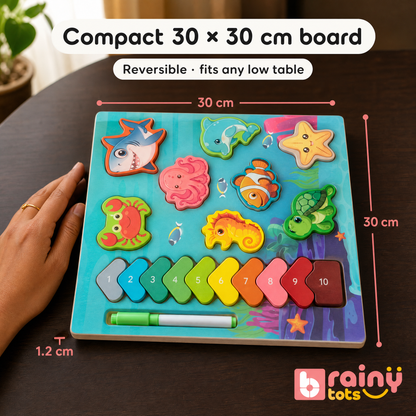 True size: 30 x 30 x 1.2 cm reversible board with chunky 1 cm wooden pieces