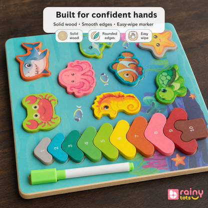 Solid wood, smooth sanded edges and matte child-safe finish with an easy-wipe dry-erase marker
