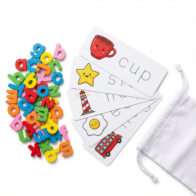 BrainyTots Wooden Alphabet Matching and Spelling Cards set with colorful wooden letters, double-sided word cards, and a storage pouch for early reading and phonics learning