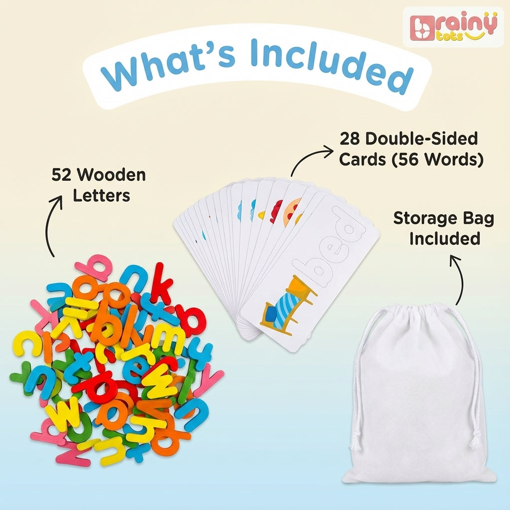 BrainyTots Wooden Alphabet Matching and Spelling Cards set including 52 colorful wooden letters, 28 double-sided word cards with 56 words, and a cotton storage bag.