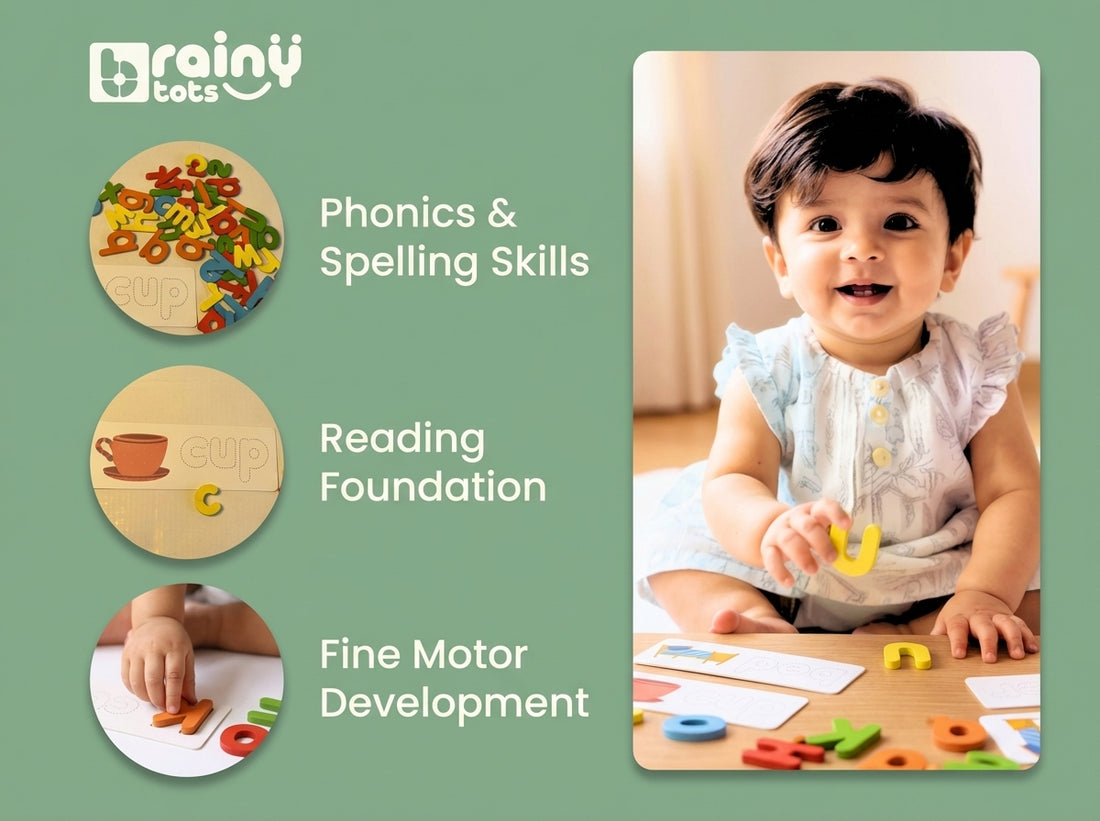 Toddler using the BrainyTots Wooden Alphabet Matching and Spelling Cards to develop phonics, spelling, reading foundation, and fine motor skills through hands-on play.