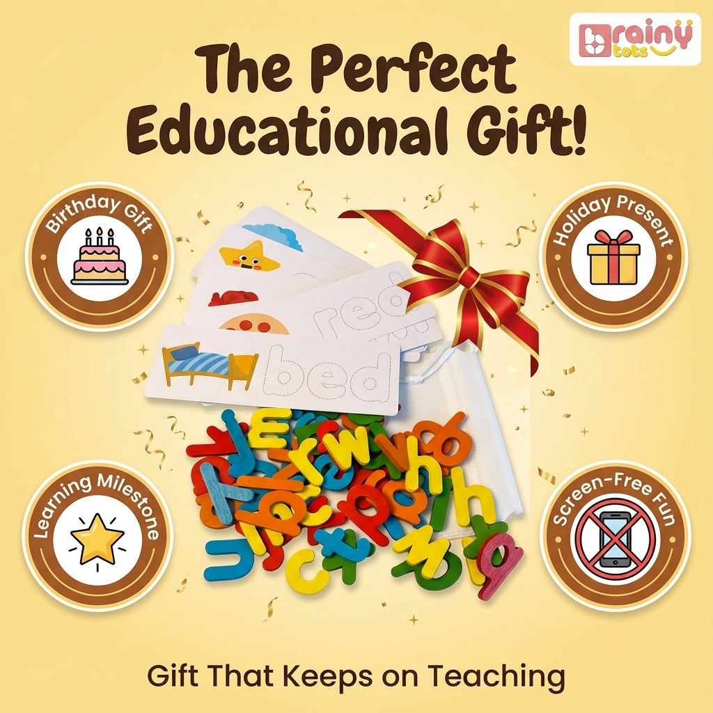 Educational toys with letters and cards on a beige background, labeled as 'The Perfect Educational Gift' by Brainytots