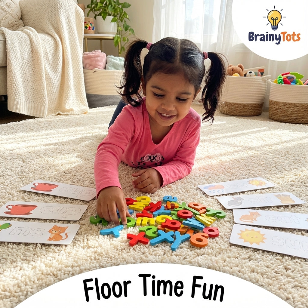 Child playing with colorful letters on a carpeted floor, with 'BrainyTots' branding.
