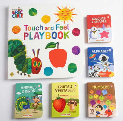Tiny Touch & Read Kit featuring a touch-and-feel playbook and five sturdy board books that introduce colors, shapes, alphabet, numbers, fruits, animals, and birds while encouraging sensory exploration, early literacy, cognitive development, and fine motor skills for babies aged 3 months and above.