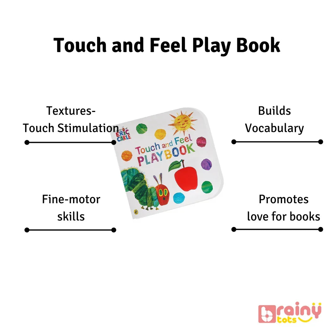 Touch and Feel Play Book showing key developmental benefits for babies, including tactile stimulation through textures, fine motor skill development, vocabulary building, and fostering a lifelong love for books through sensory exploration.