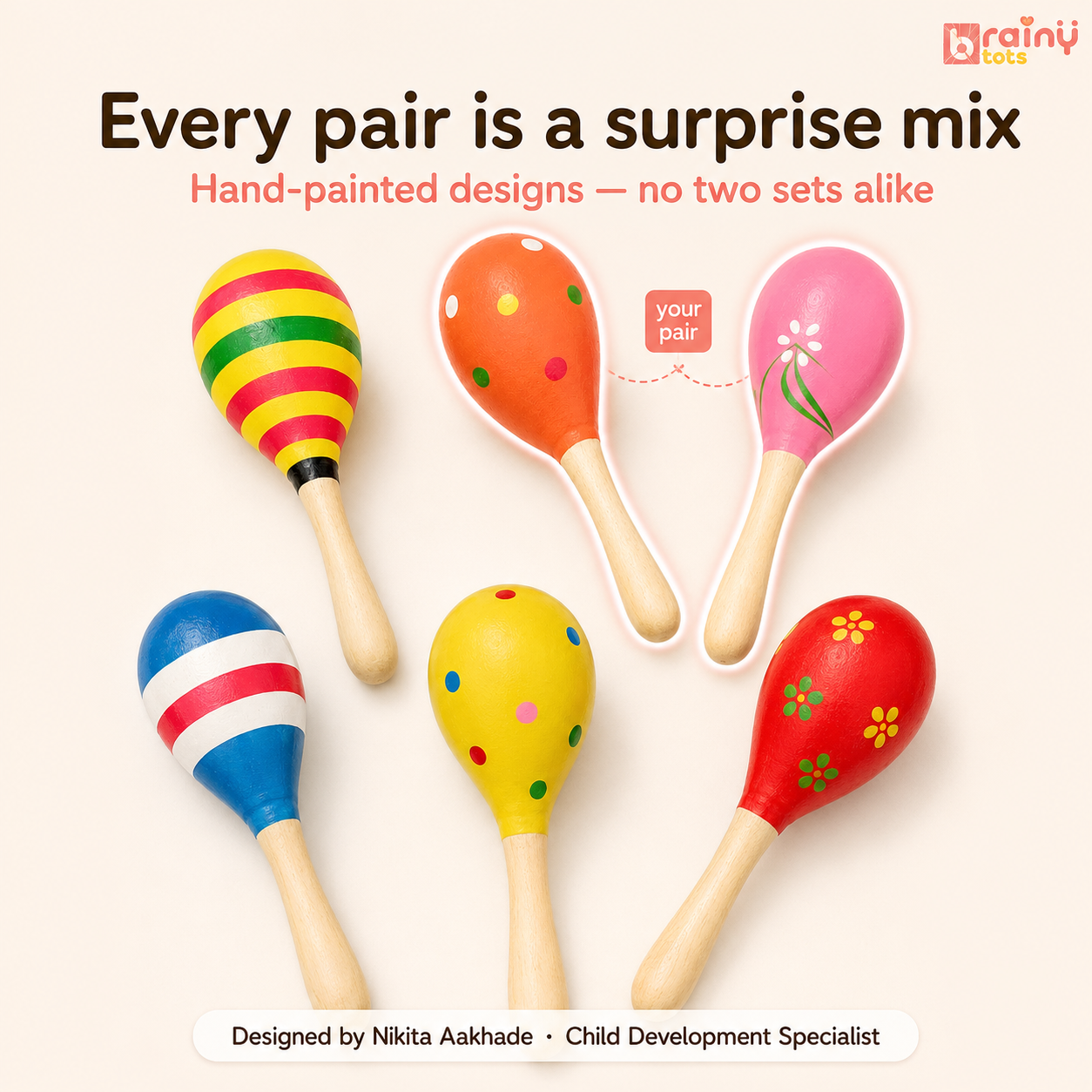 Hand-painted Montessori Wooden Egg Shakers by BrainyTots featuring colorful unique designs that combine sensory play, auditory stimulation, and artisan craftsmanship for babies aged 0–18 months.