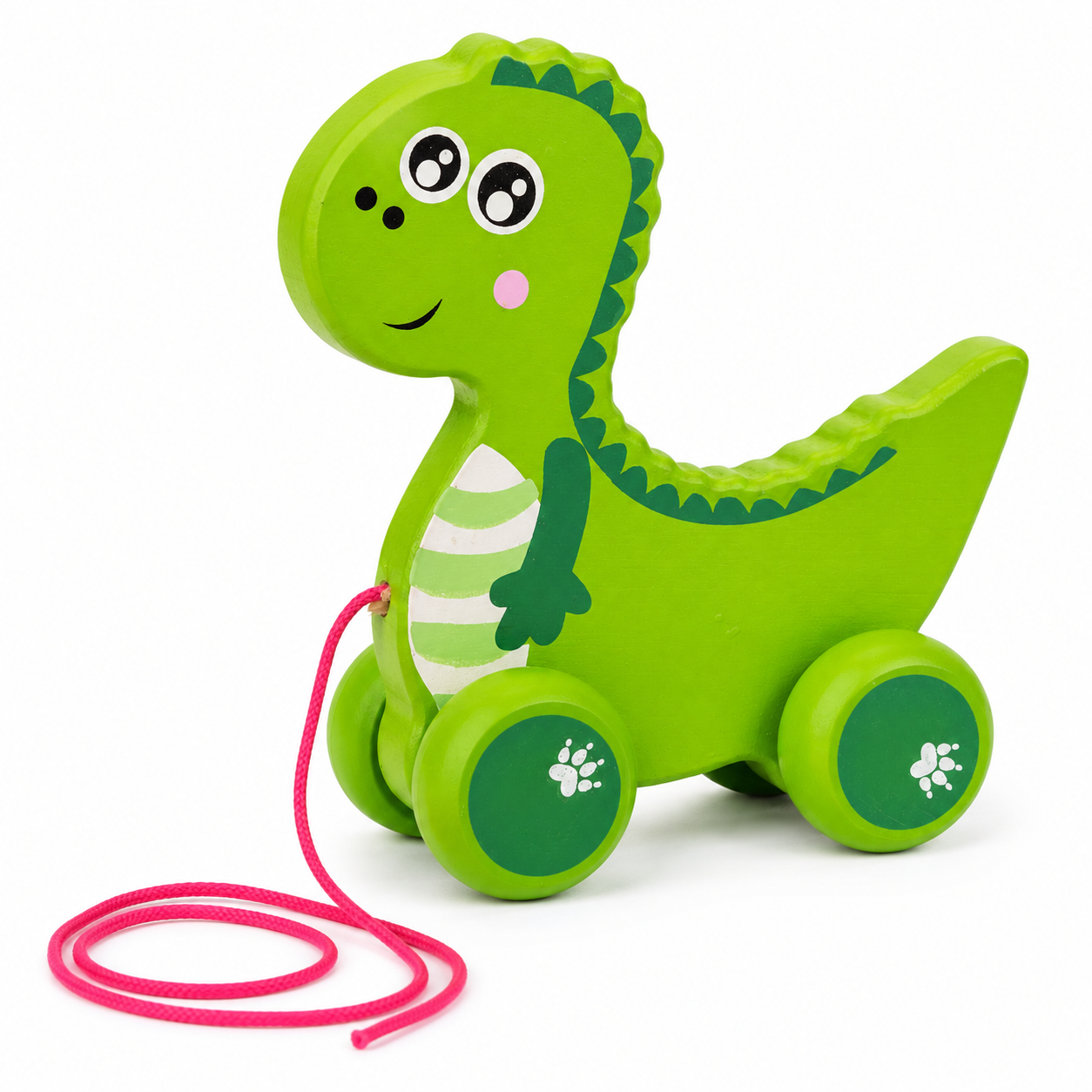 BrainyTots Montessori Wooden Dinosaur Pull Toy for babies 6–24 months with pull string, designed to encourage crawling, walking, independent movement, and gross motor development.