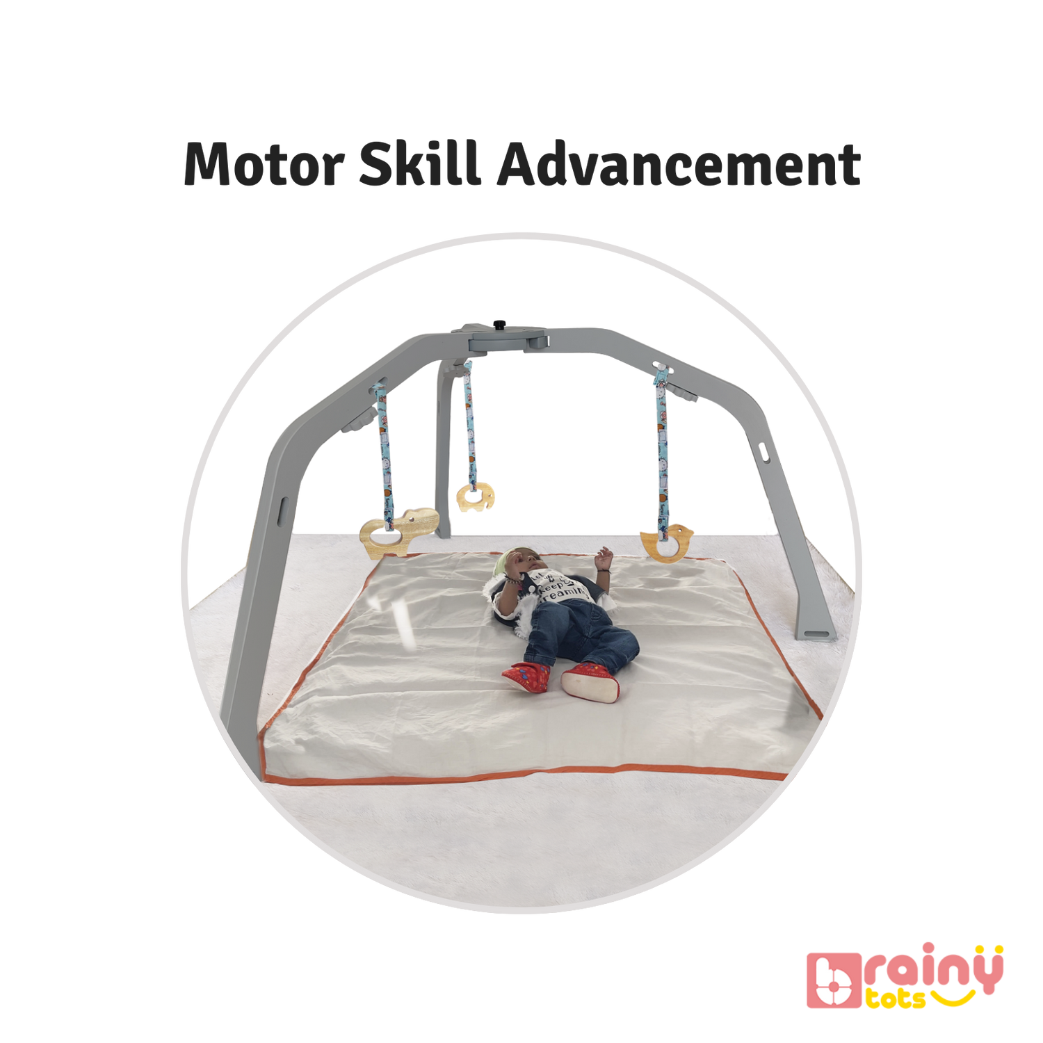 Encourages reaching, grasping, and coordination in infants. This Montessori wooden play gym, ideal for babies aged 0-12 months, enhances sensory development with varied textures and interactive elements. Safe, sturdy, and engaging for early learning and exploration.