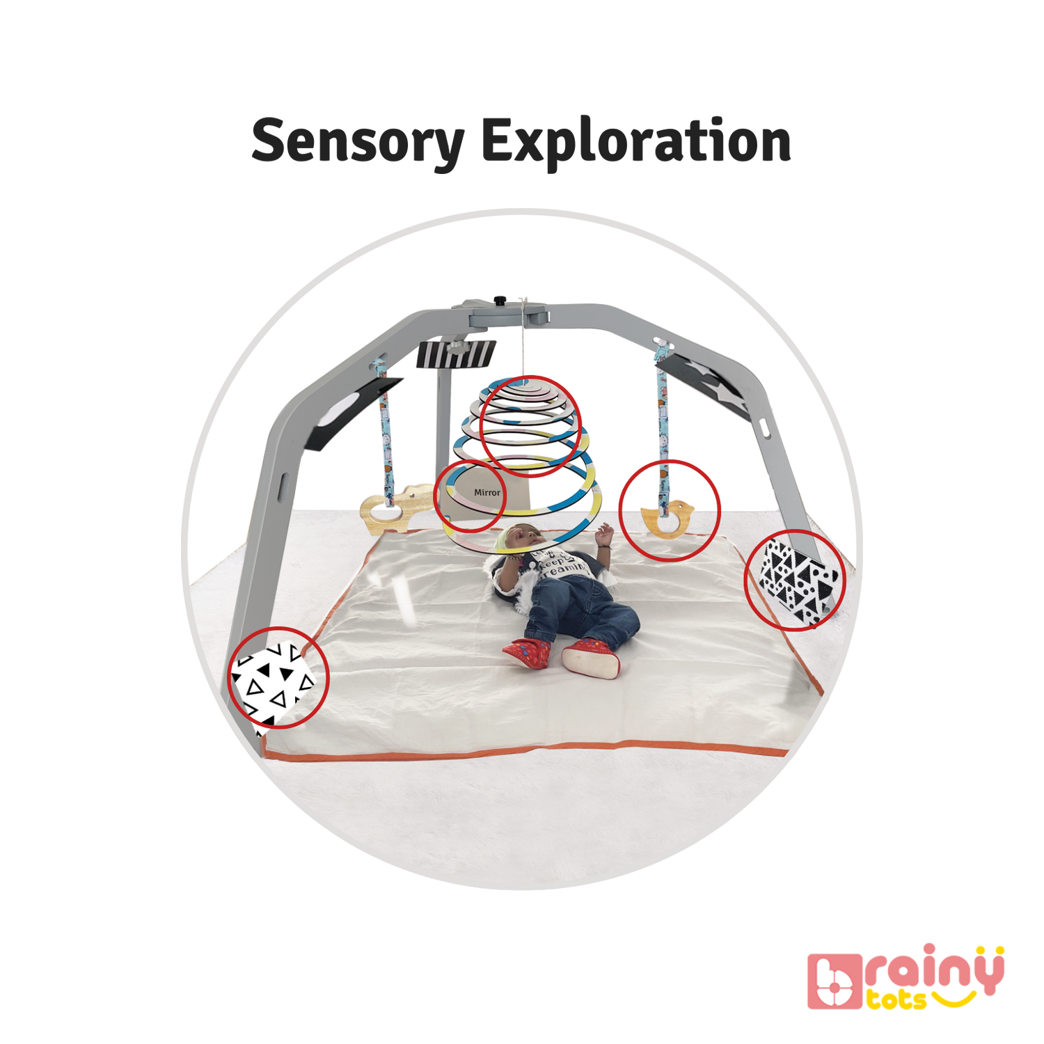 Enhances sensory development with varied textures and interactive elements. This Montessori wooden play gym, ideal for infants aged 0-12 months, promotes motor skills and cognitive growth. Safe, sturdy, and engaging for early learning and exploration.
