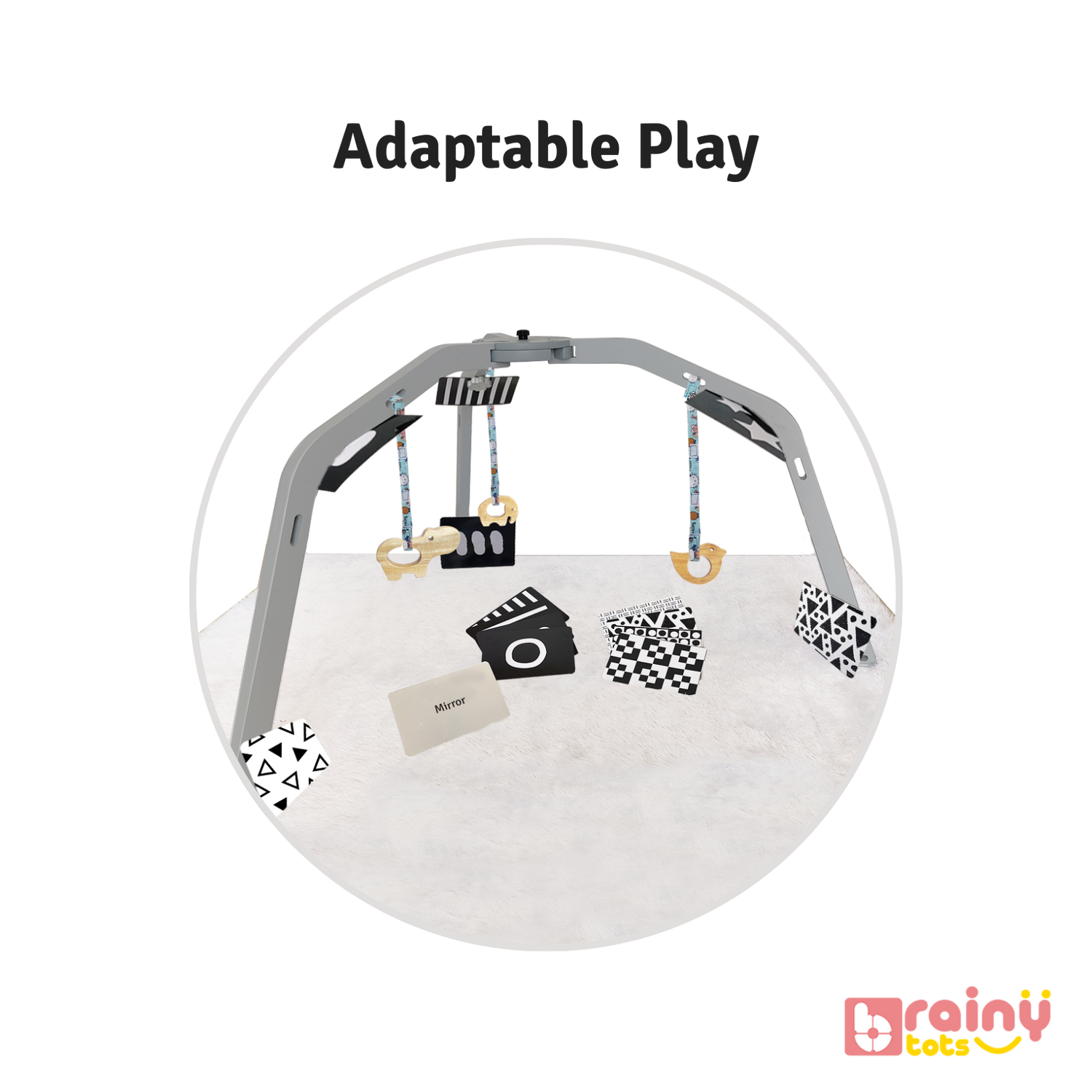 Offers adjustable toy heights and flashcard positions, promoting adaptability and continuous engagement. This Montessori wooden play gym, ideal for babies aged 0-12 months, enhances sensory development with varied textures and interactive elements. Safe, sturdy, and engaging for early learning and exploration.