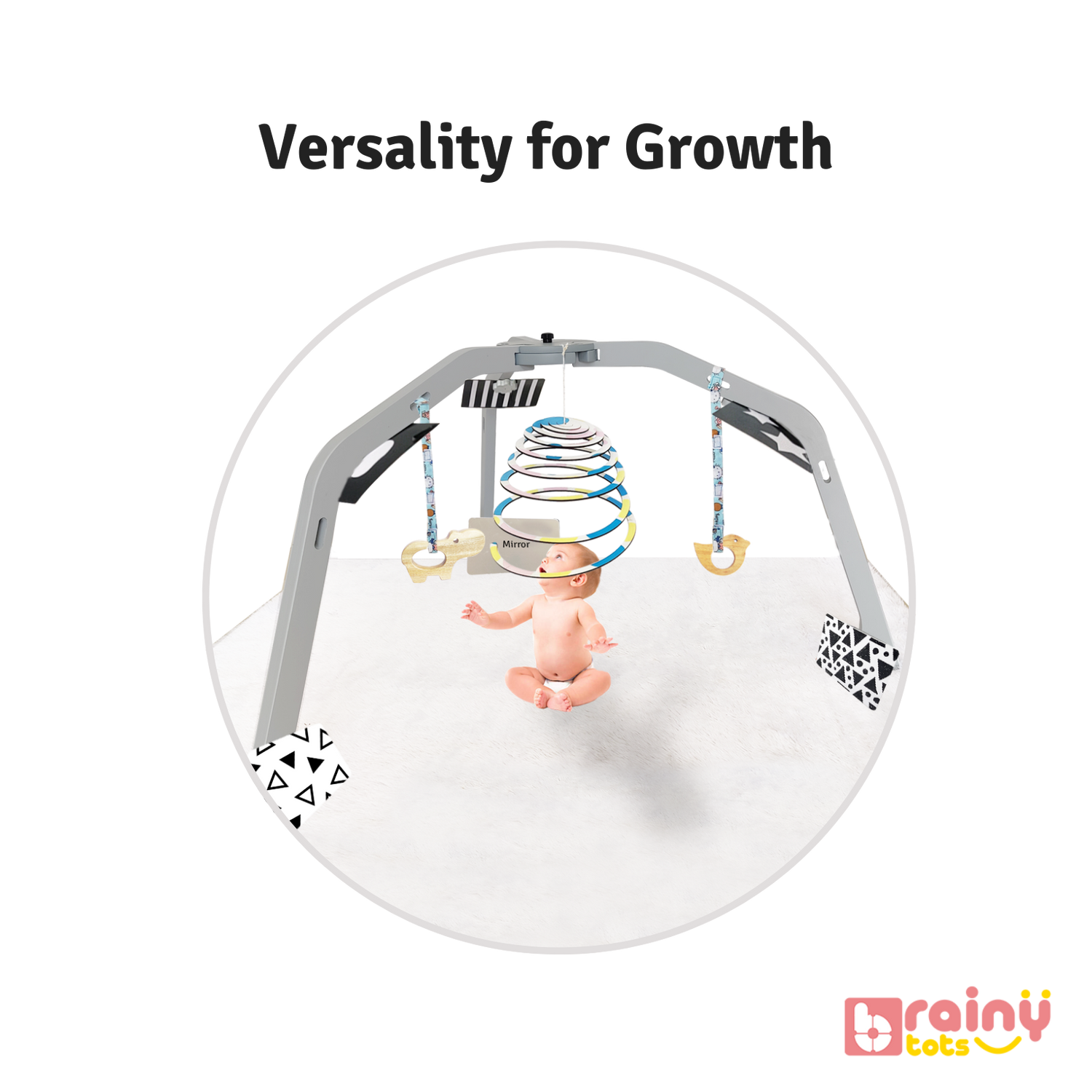 Accommodating lying down and sitting up positions for infants. This Montessori wooden play gym, ideal for babies aged 0-12 months, enhances sensory development with varied textures and interactive elements. Safe, sturdy, and engaging for early learning and exploration.