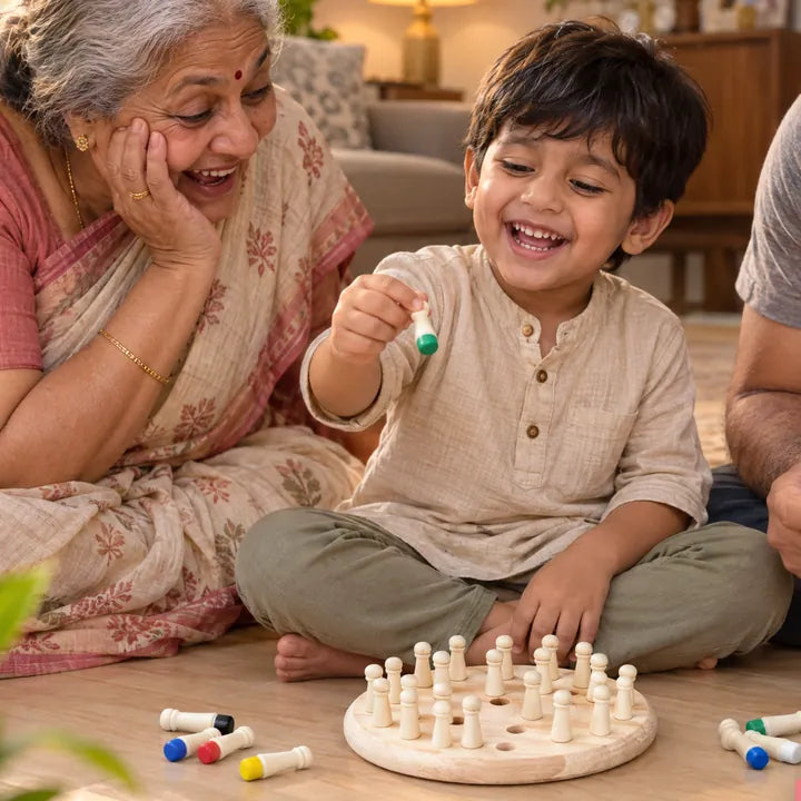 Child playing memory chess with grandma and dad